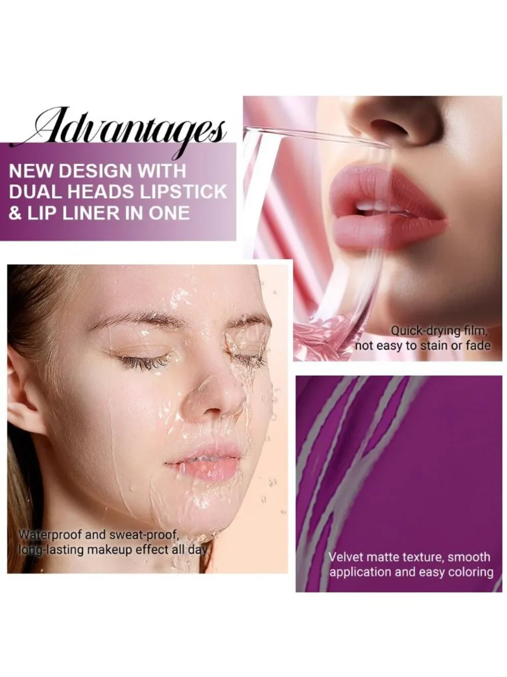 52#-Purple 2-in-1 Waterproof Long Lasting Double-Ended Matte Liquid Lipstick